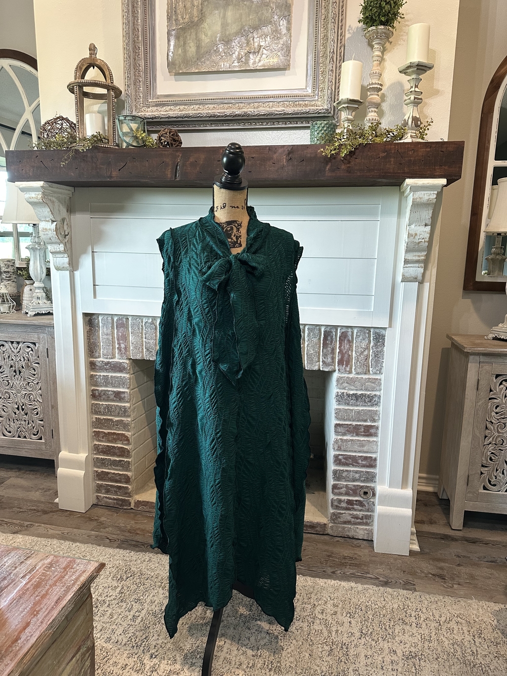 Sleeveless Textured Tie-Neck Dress in Deep Emerald Green